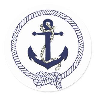 Nautical navy blue silhouette anchor rope classic round sticker