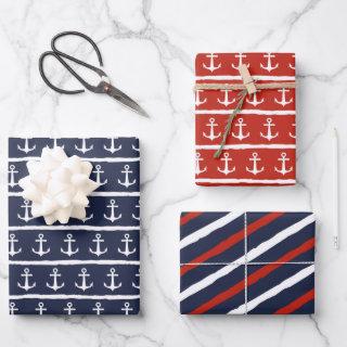 Nautical Navy Blue White Red Stripes Anchor  Sheets