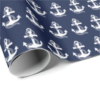 Nautical Navy blue White Stripes and White Anchor