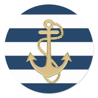 Nautical Navy Blue White Stripes Gold Anchor Classic Round Sticker