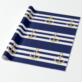 Nautical Navy Blue White Stripes Gold Anchor