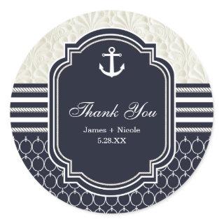 Nautical Navy & White Elegant Beach Wedding Classic Round Sticker