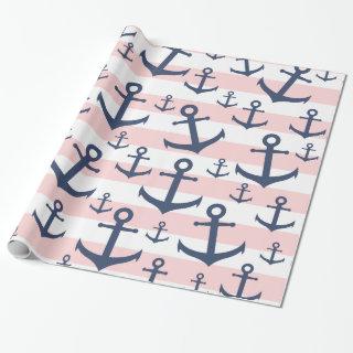 Nautical pink stripe navy blue anchor pattern