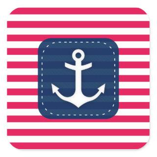 Nautical Red White Stripes Navy Blue Banner Anchor Square Sticker