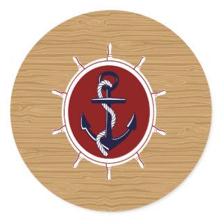 Nautical Ships Wheels Anchor on Wood Grain Classic Round Sticker