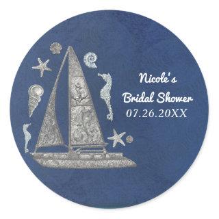 Nautical Silver Boat & Beach Things Elegant Party Classic Round Sticker