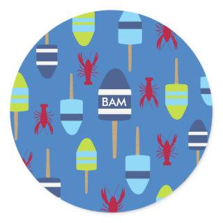 Nautical Theme Buoy and lobster monogrammed Classic Round Sticker