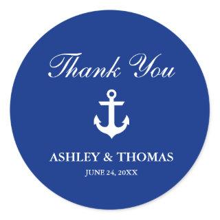 Nautical Wedding Anchor Blue Thank You Classic Round Sticker