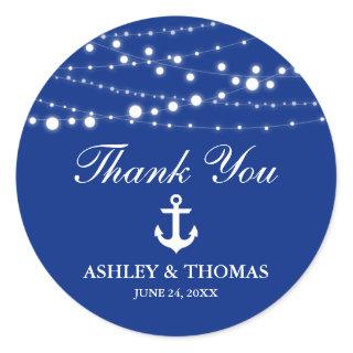 Nautical Wedding Anchor Lights Blue Thank You Classic Round Sticker