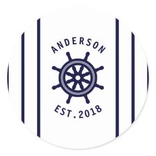 Nautical Wheel And Navy Blue Striped Maritime Classic Round Sticker