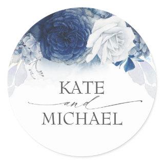 Navy and Dusty Blue Floral Wedding Classic Round Sticker