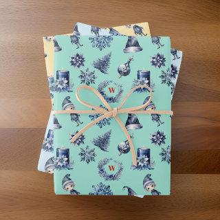 Navy and Gray Elf Trees Wreath Snowflake Monogram  Sheets