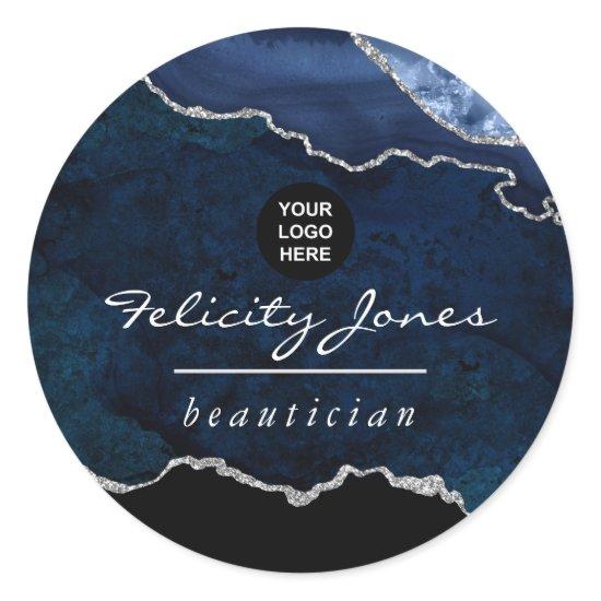 Navy and Silver Agate Precious Stone Corporate Classic Round Sticker