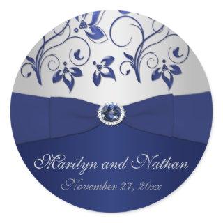 Navy and Silver Floral 1.5" Round Sticker