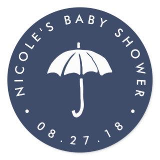 Navy and White Umbrella Baby Shower Classic Round Sticker