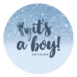 Navy Baby Blue Glitter Ombre It's A Boy Classic Round Sticker