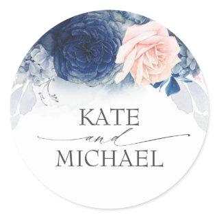 Navy Blue and Dusty Pink Floral Wedding Classic Round Sticker