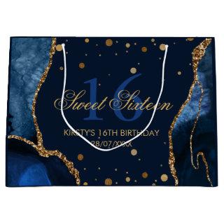 Navy Blue and Faux Gold Glitter Agate Sweet 16 Large Gift Bag