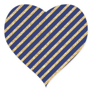 Navy Blue and Gold Glitter Diagonal Stripe Pattern Heart Sticker