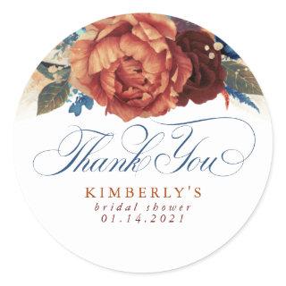 Navy Blue and Terracotta Floral Thank You Classic Round Sticker