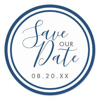 Navy Blue and White Stripes Nautical Save our Date Classic Round Sticker