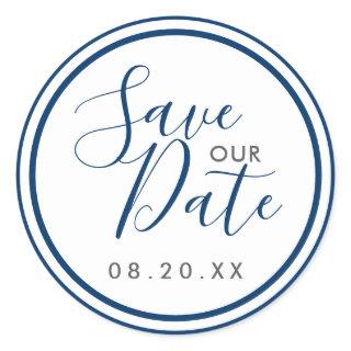 Navy Blue and White Stripes Nautical Save our Date Classic Round Sticker