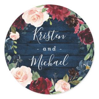 Navy Blue Burgundy Blush Watercolor Wreath Wedding Classic Round Sticker