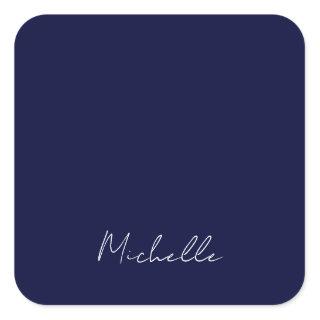 Navy Blue Color Plain Modern Own Name Calligraphy Square Sticker