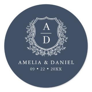 Navy Blue Crest Modern Monogram Wedding  Classic Round Sticker