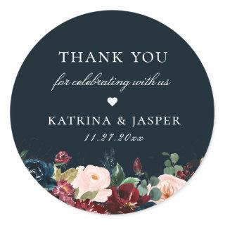 Navy Blue Fall Floral Wedding Favor Classic Round Sticker