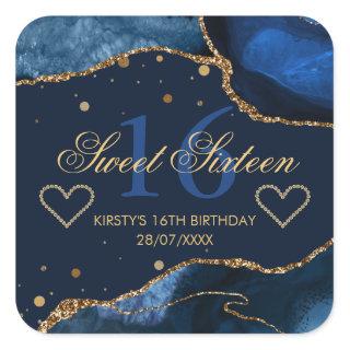 Navy Blue & Faux Gold Glitter Agate Sweet 16 Square Sticker