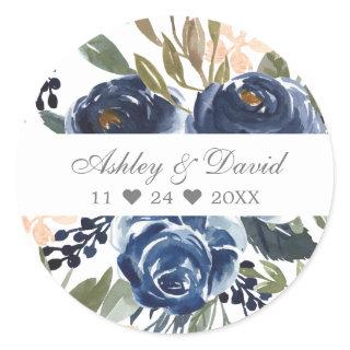 Navy Blue Floral Pattern Watercolor Wedding Classic Round Sticker