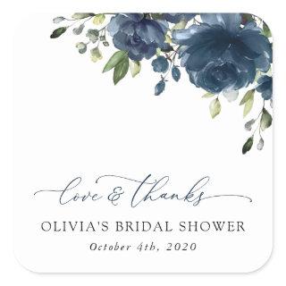 Navy Blue Flowers, Greenery, Boho, Bridal Shower Square Sticker