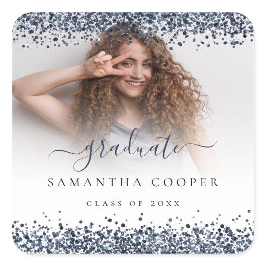 Navy Blue Glitter Grad Photo Name Class of Year  Square Sticker