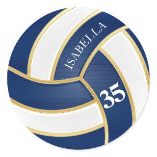 Navy Blue, Gold and White Volleyball - Personalize Classic Round Sticker