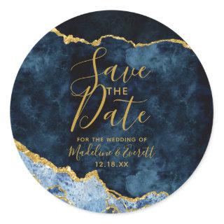 Navy Blue Gold Foil Agate Marble Save the Date Classic Round Sticker