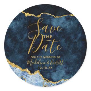 Navy Blue Gold Foil Agate Marble Save the Date Classic Round Sticker