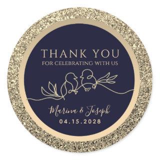 Navy Blue Gold Glitter Wedding Thank You Classic Round Sticker