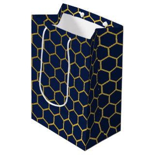 Navy Blue & Gold Hexagon Geometric Pattern Medium Gift Bag