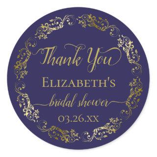 Navy Blue & Gold Lace Chic Bridal Shower Thank You Classic Round Sticker