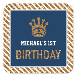 Navy Blue Gold Royal Prince Crown First Birthday Square Sticker