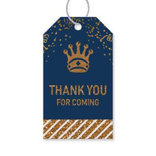 Navy Blue Gold Royal Prince Crown Thank You Gift Tags