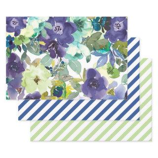 Navy Blue Green Watercolor Floral Striped   Sheets