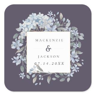 Navy & Blue Hydrangeas Frame Watercolor Wedding Square Sticker
