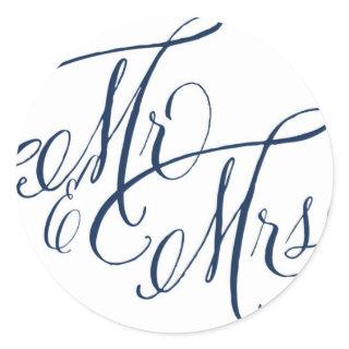 Navy Blue Mr. & Mrs. Elegant Script Wedding Classic Round Sticker