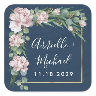 Navy Blue & Pink Dusty Rose Greenery Gold Wedding Square Sticker