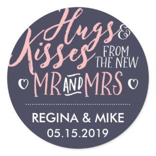 Navy Blue Pink Hug and Kisses From New Mr and Mrs Classic Round Sticker