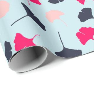 Navy Blue, Pink, Light Blue Ginkgo Leaves Pattern