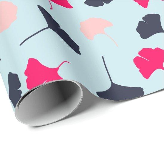 Navy Blue, Pink, Light Blue Ginkgo Leaves Pattern