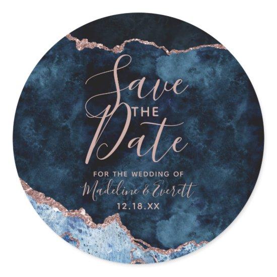 Navy Blue Rose Gold Agate Marble Save the Date Classic Round Sticker